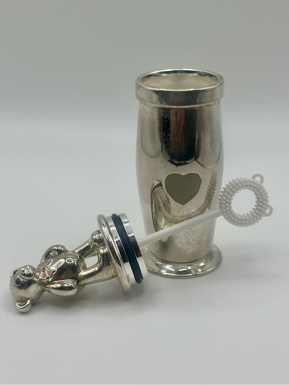 Teddy Bear Picnic Bubble Blower Silver Tone Pink Bow Inspired by Royal Selangor